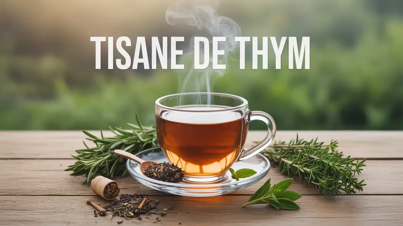 Tasse fumante de tisane de thym avec brins de thym frais et séchés