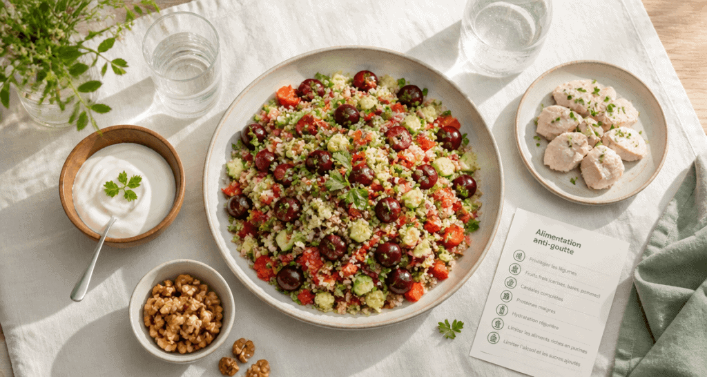 alimentation pour crise de goutte assiette salade quinoa