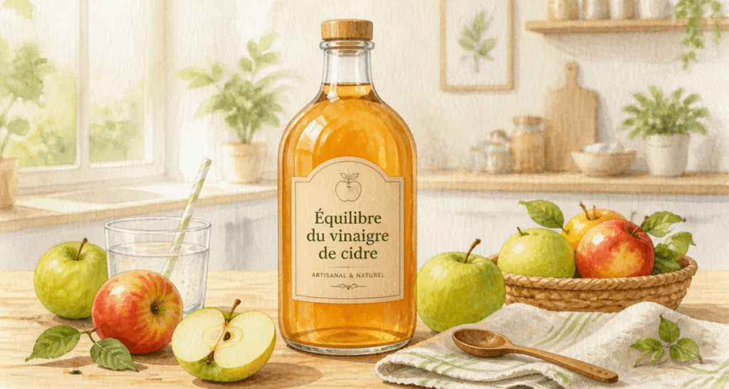 Avantages et inconvenients du vinaigre de cidre illustrés sur table