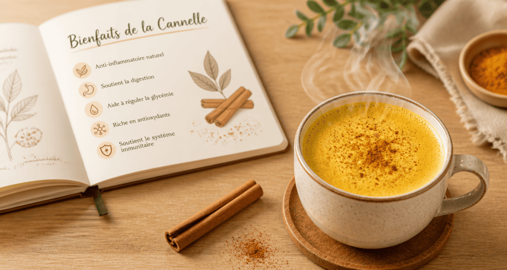 Bienfait de la cannelle avec bâton et tasse de golden latte
