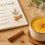 Bienfait de la cannelle avec bâton et tasse de golden latte