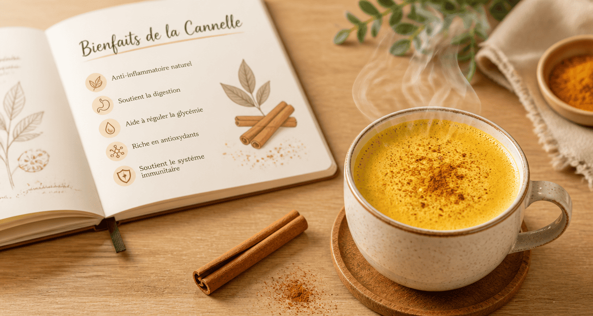 Bienfait de la cannelle avec bâton et tasse de golden latte