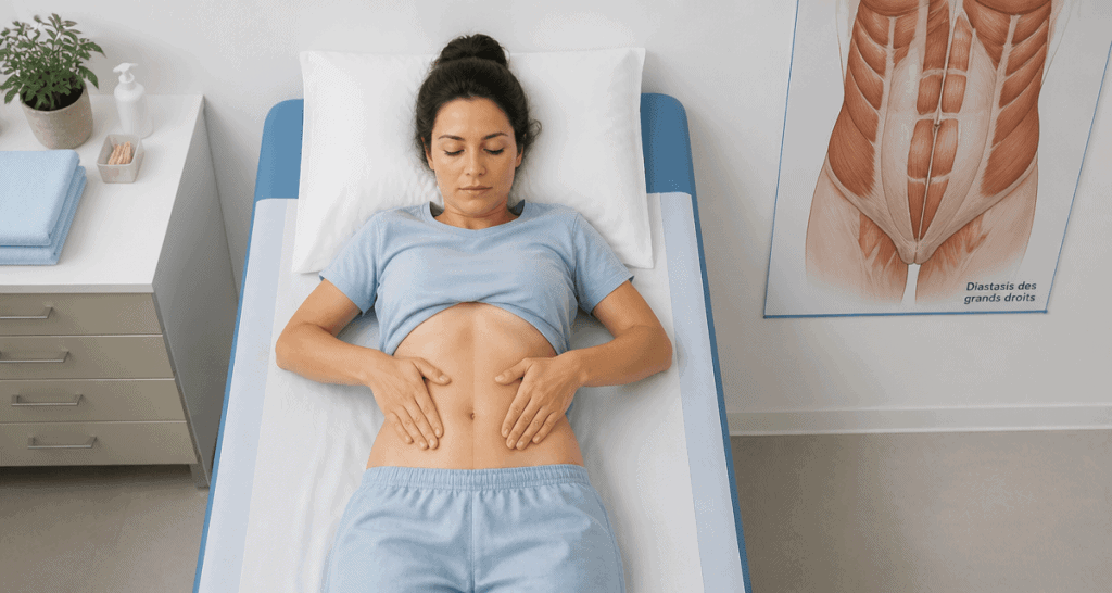 diastasis ventre gonflé femme allongée examen