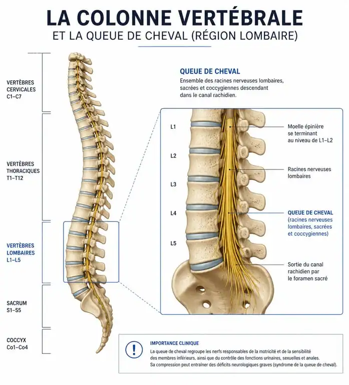 Schéma anatomique de la queue de cheval et de la colonne vertébrale pour comprendre le syndrome de la queue de cheval