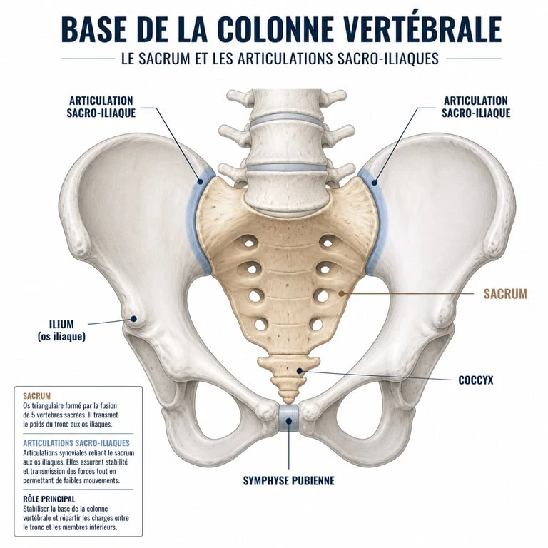 Schéma anatomique du sacrum et de l'articulation sacro-iliaque pour comprendre l'origine d'une douleur au sacrum.
