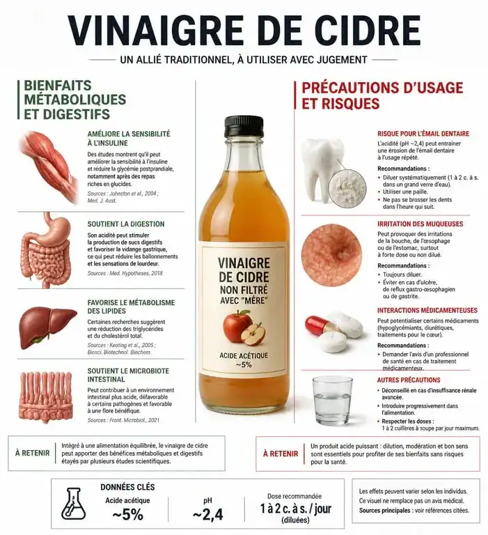 Infographie des bienfaits et risques du vinaigre de cidre pour la santé