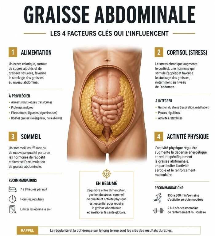 Infographie sur les facteurs clés pour maigrir du ventre et réduire la graisse viscérale