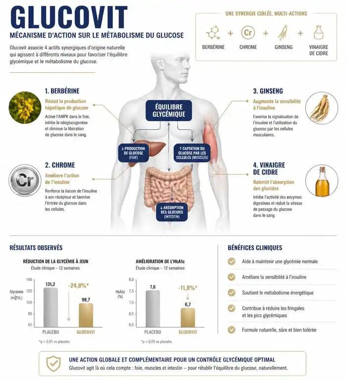 Infographie expliquant le mécanisme d'action des ingrédients de Glucovit pour la régulation de la glycémie