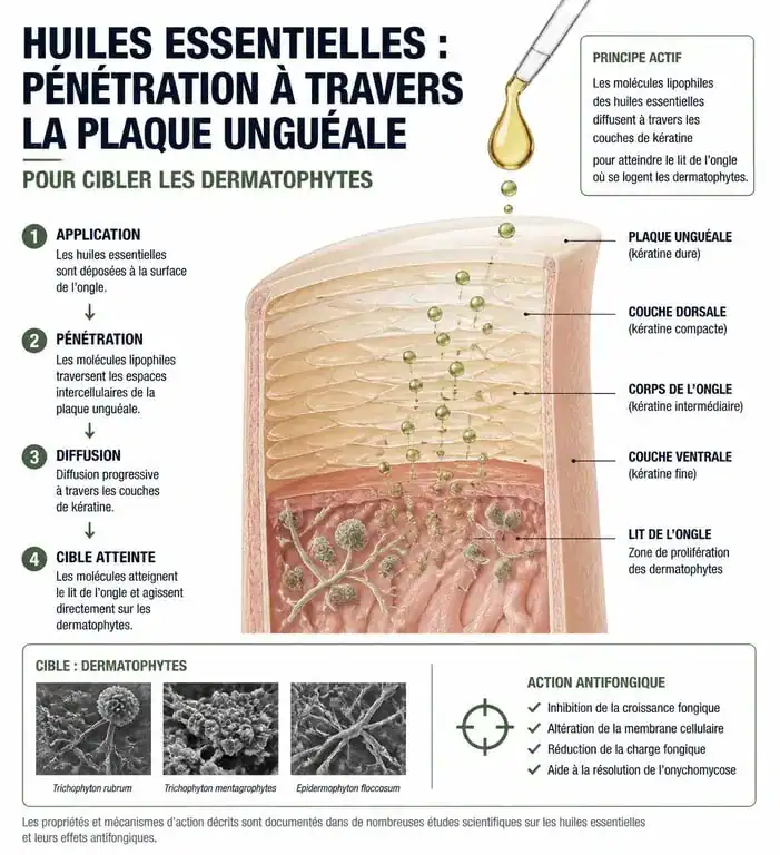 Infographie sur l'utilisation des huiles essentielles pour la mycose de l'ongle du pied