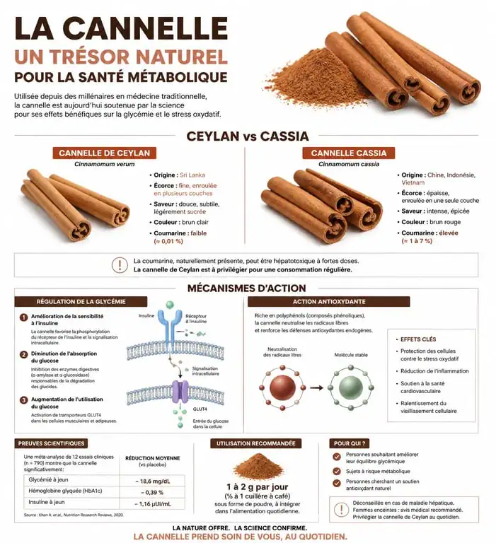 Infographie comparative des bienfaits de la cannelle de Ceylan et Cassia pour la santé