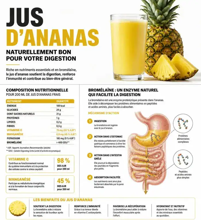 Infographie des bienfaits du jus d'ananas et de la bromélaïne pour la santé