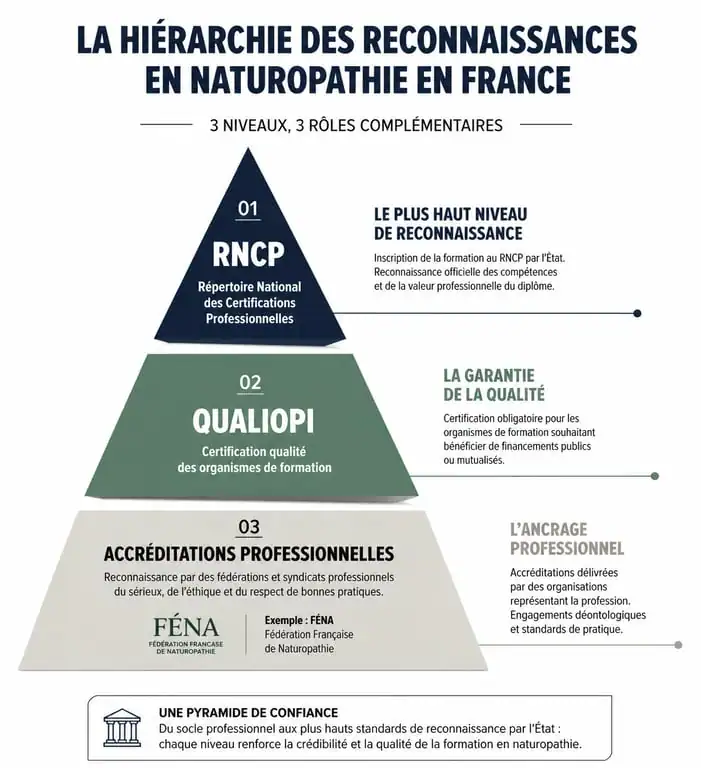 Infographie des niveaux de reconnaissance pour une formation en naturopathie reconnue par l'état