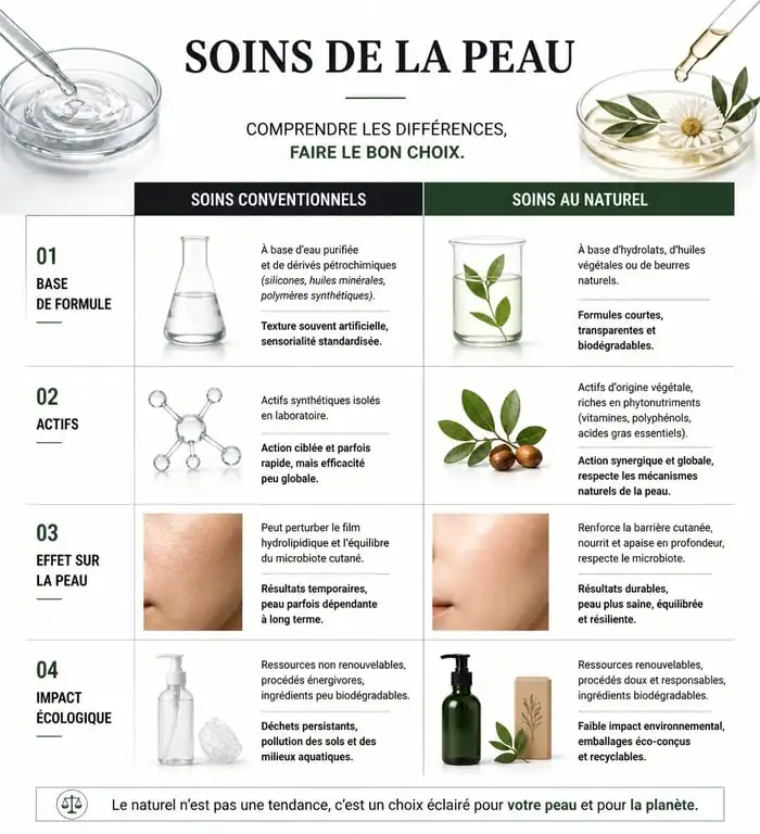 Infographie comparative : soins conventionnels vs soins au naturel pour une routine beauté saine