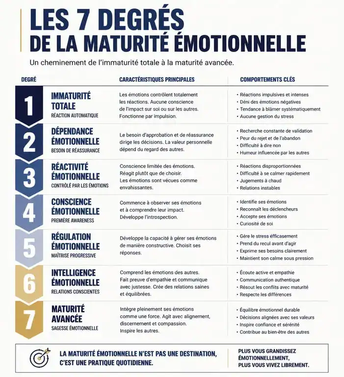 Infographie des 7 degrés de la maturité émotionnelle et développement personnel