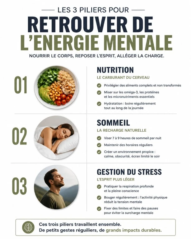 Infographie sur les méthodes pour retrouver de l'énergie mentale et combattre la fatigue cognitive
