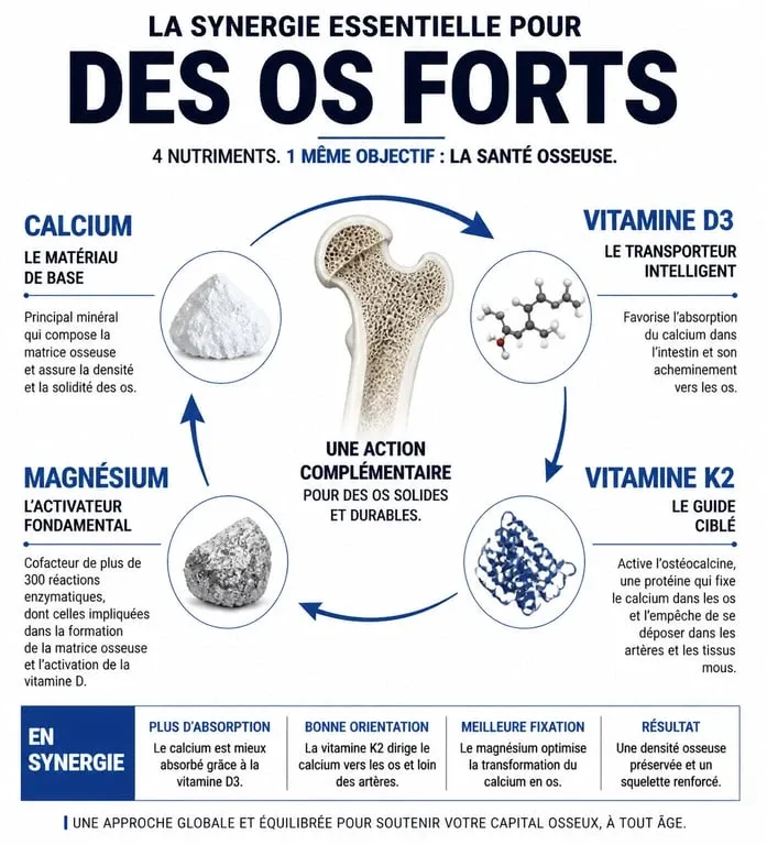 Infographie sur la synergie des nutriments pour la santé osseuse Bi de Os