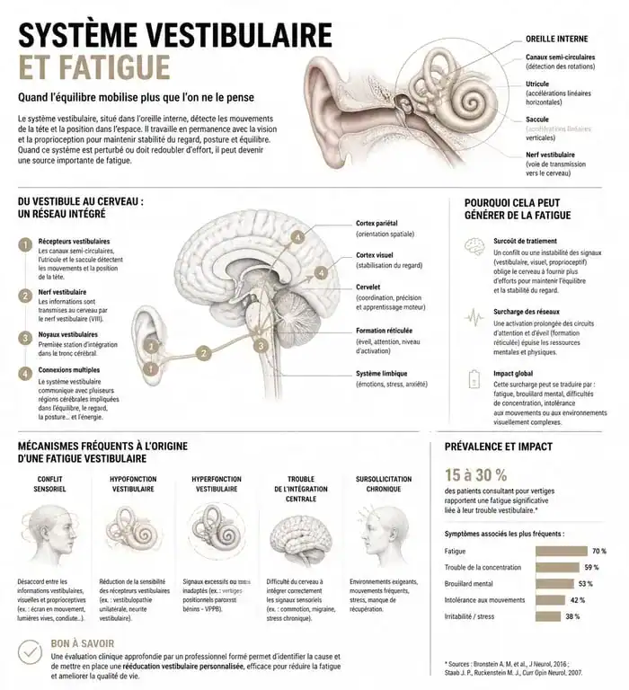 Schéma explicatif du système vestibulaire et lien physiologique entre fatigue et vertiges