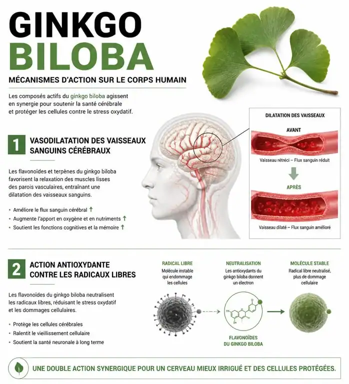 Infographie des bienfaits du ginkgo biloba sur la circulation sanguine et la mémoire