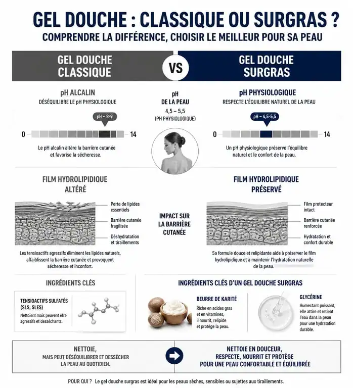 Infographie comparative des bienfaits du meilleur gel douche surgras pour la barrière cutanée