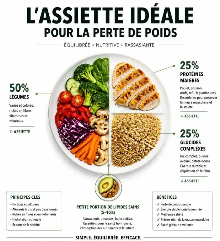 Infographie de l'assiette idéale pour maigrir avec répartition des macronutriments