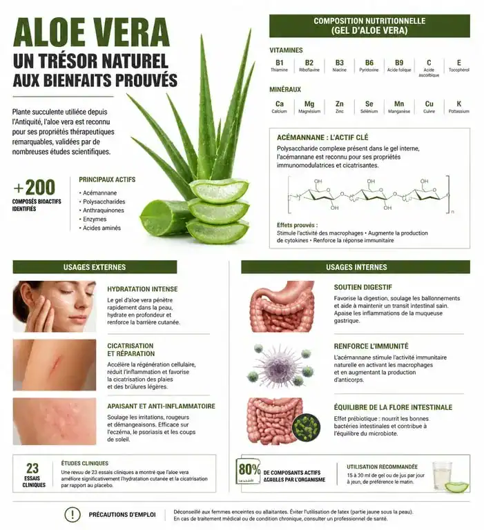 Infographie sur les bienfaits de l'aloe vera pour la santé et la beauté