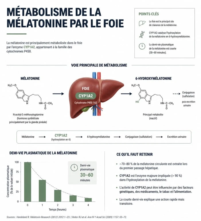 Schéma explicatif du métabolisme de la mélatonine par le foie et rôle de l'enzyme CYP1A2