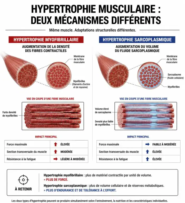 Schéma comparatif des mécanismes de l'hypertrophie musculaire myofibrillaire et sarcoplasmique
