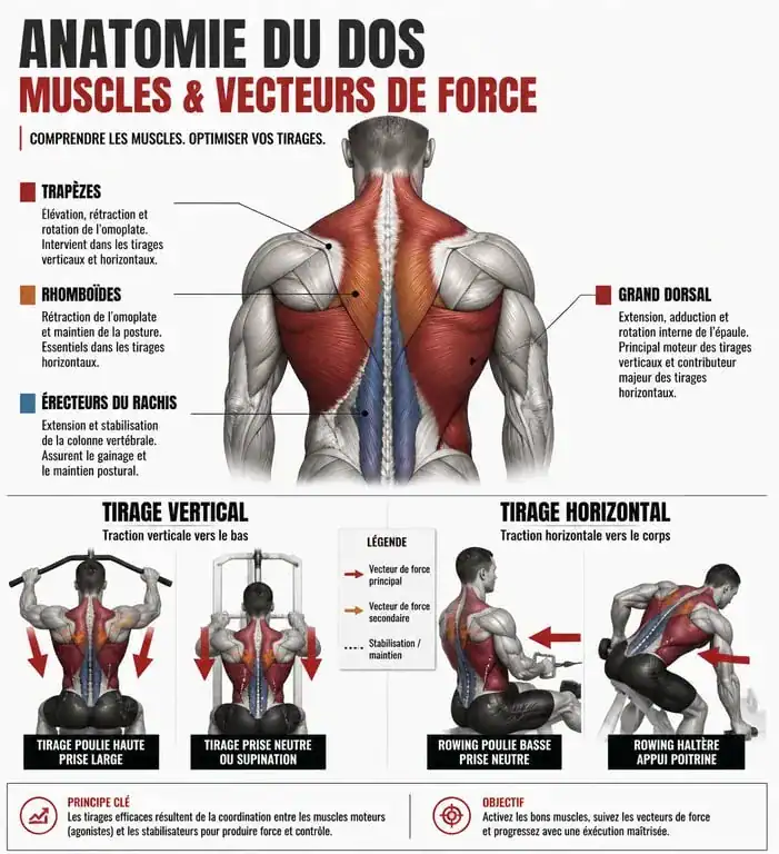 Schéma anatomique des muscles du dos pour la musculation et exercices associés