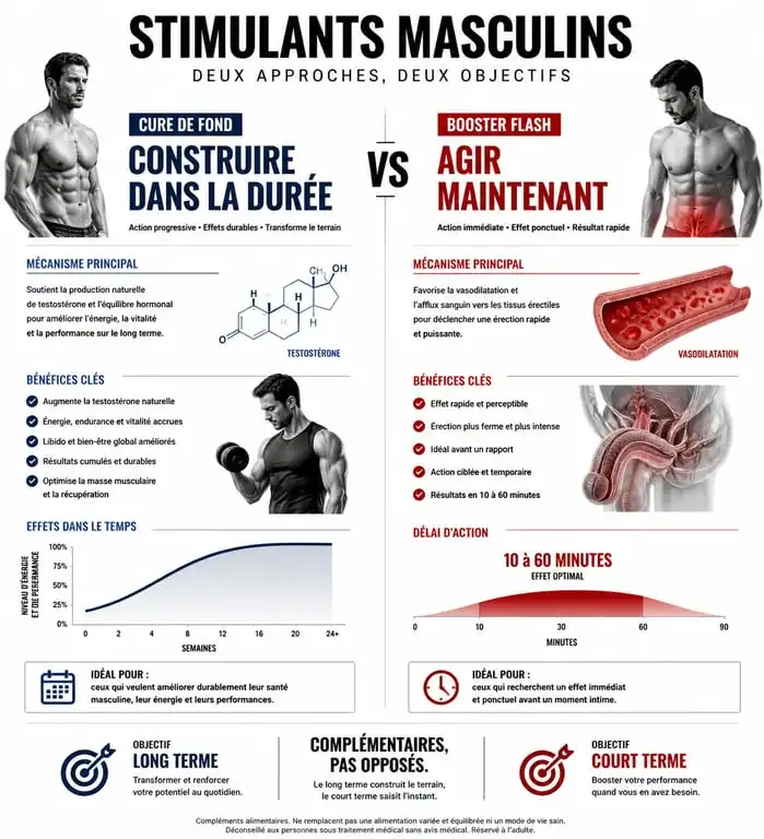 Infographie comparative des stimulants masculins : cure de fond vs booster flash pour la performance sexuelle