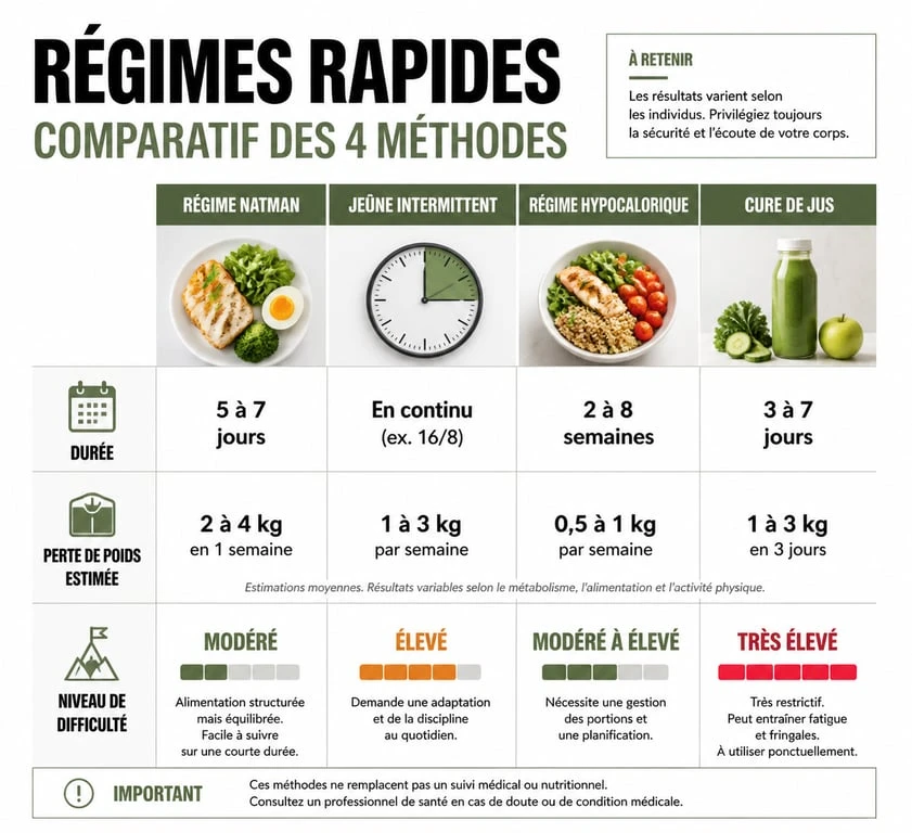 Comparatif des méthodes de régime rapide et efficace : durée, perte de poids et difficulté