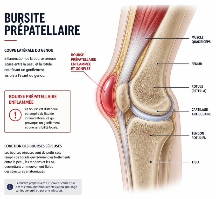 Schéma anatomique montrant un hygroma du genou (bursite prépatellaire) avec inflammation de la bourse séreuse.