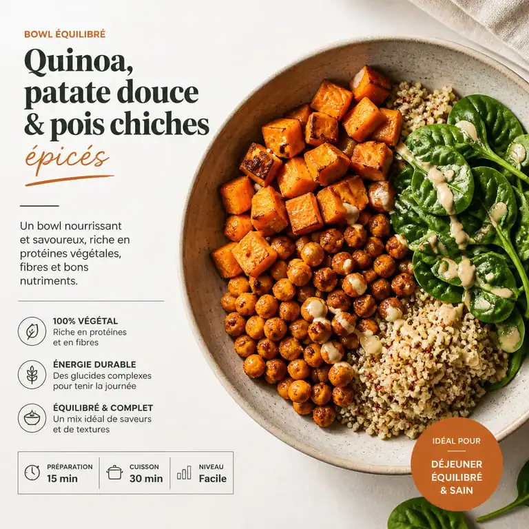 Bowl de quinoa aux légumes rôtis et pois chiches, exemple de recette pour une nourriture healthy.