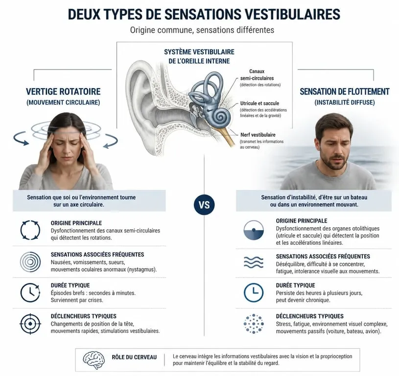 Schéma explicatif de la différence entre vertige rotatoire et sensation de flottement dans la tête