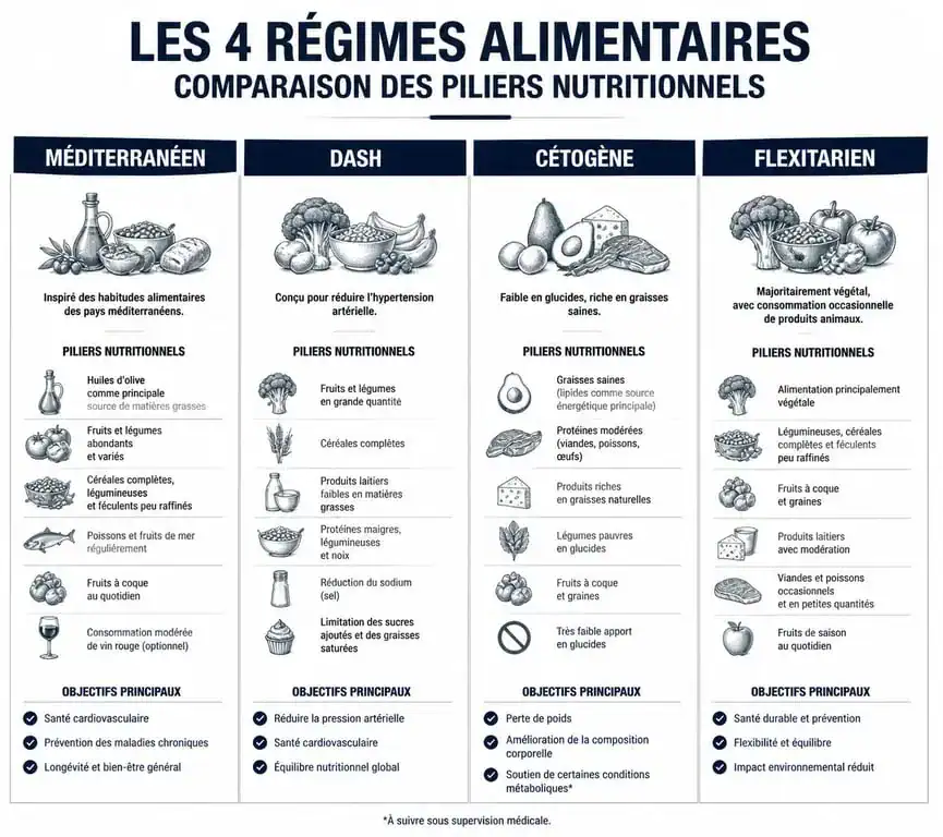 Infographie comparative des meilleurs régimes pour perdre du poids : Méditerranéen, DASH, Cétogène et Flexitarien