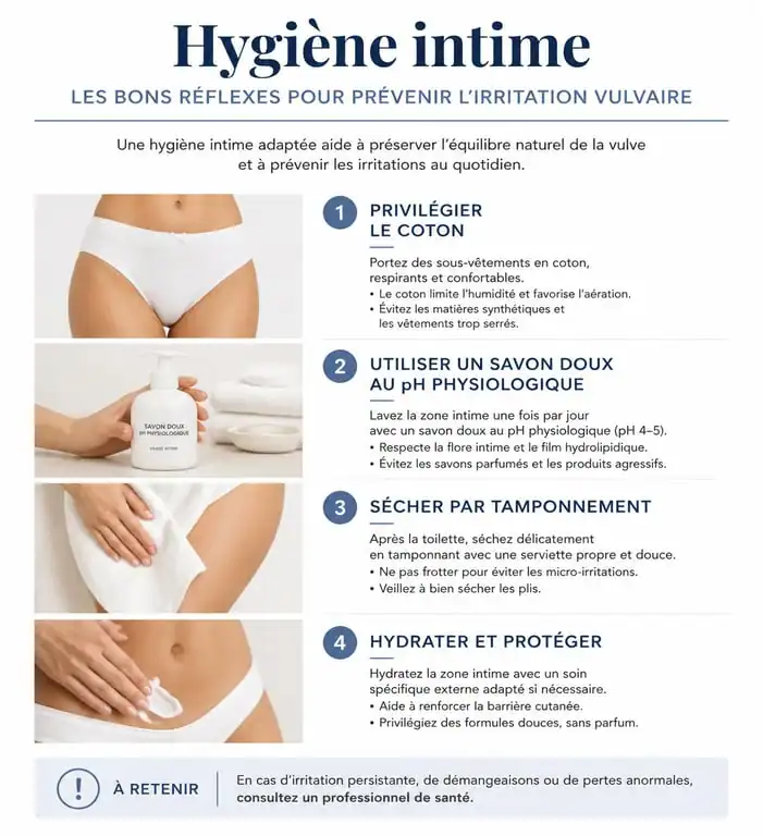 Infographie sur les bons réflexes d'hygiène pour prévenir l'irritation vulvaire et maintenir le confort intime
