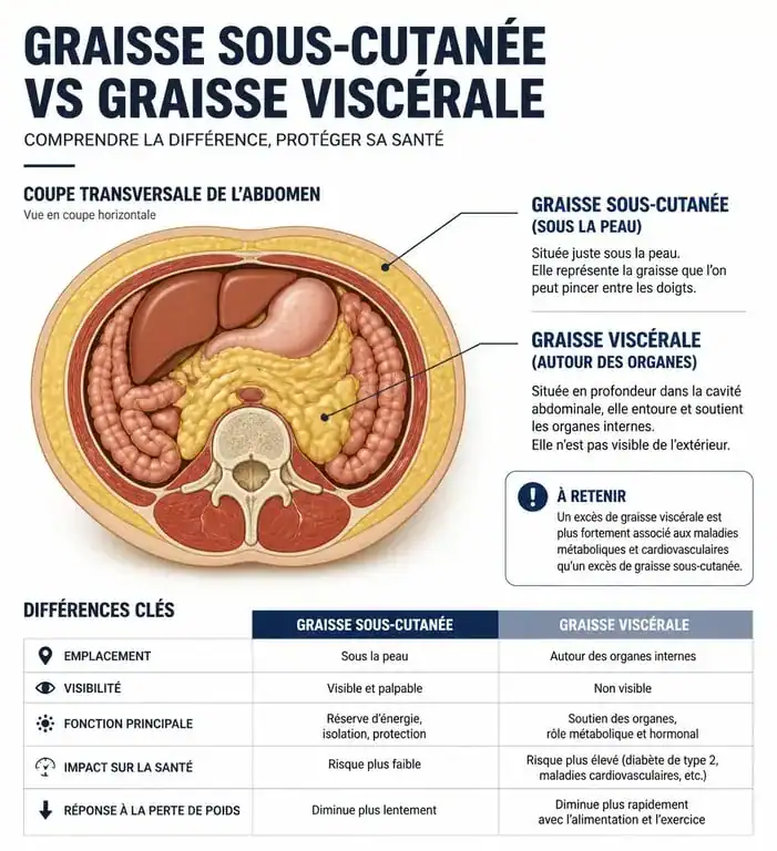 Schéma comparatif entre la graisse sous-cutanée et la graisse viscérale abdominale