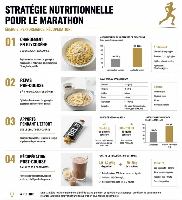 Infographie sur la stratégie nutritionnelle pour un marathon