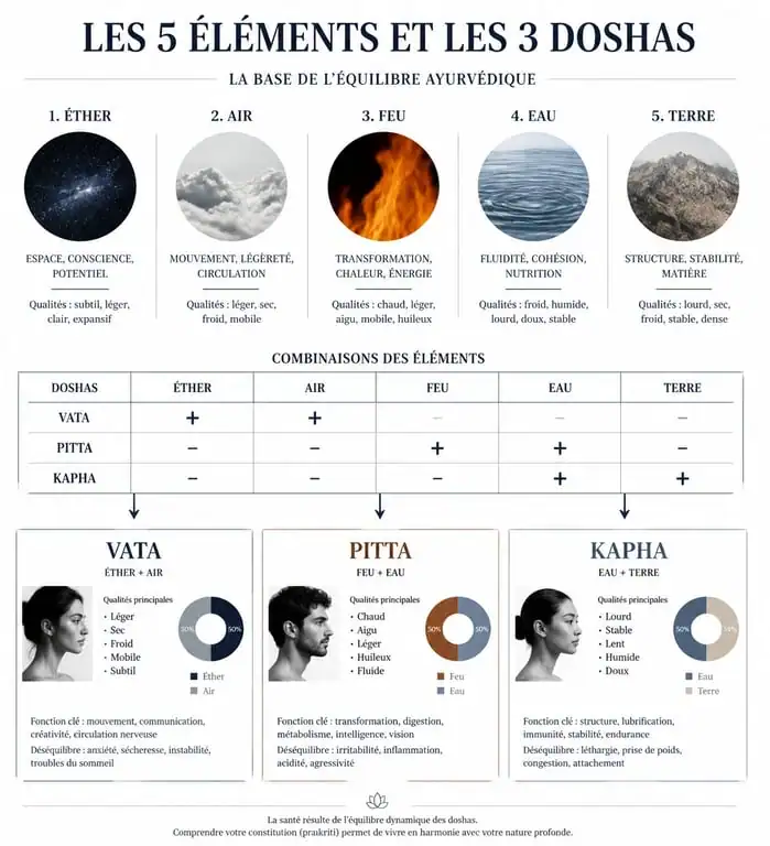 Infographie des 5 éléments et des trois doshas en Ayurveda