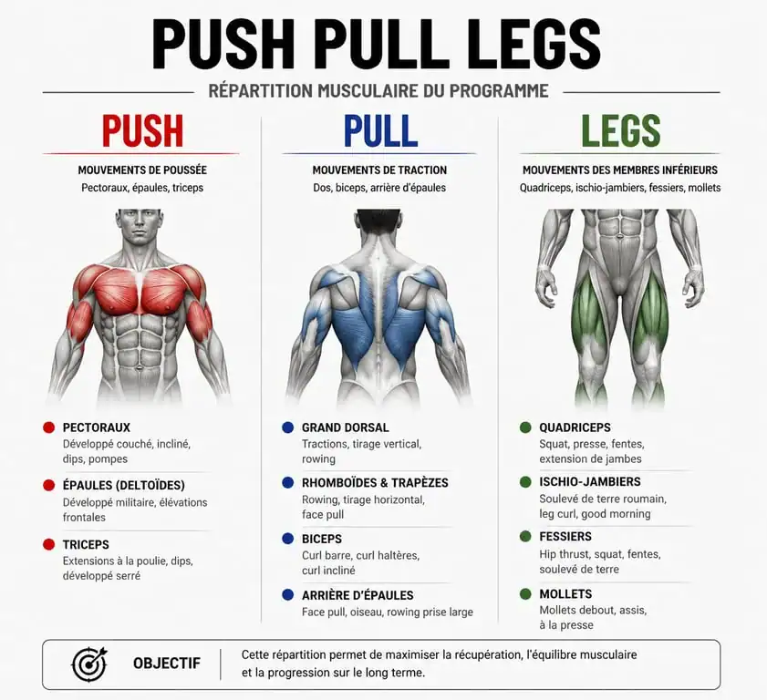 Infographie des groupes musculaires pour le programme de musculation Push Pull Legs