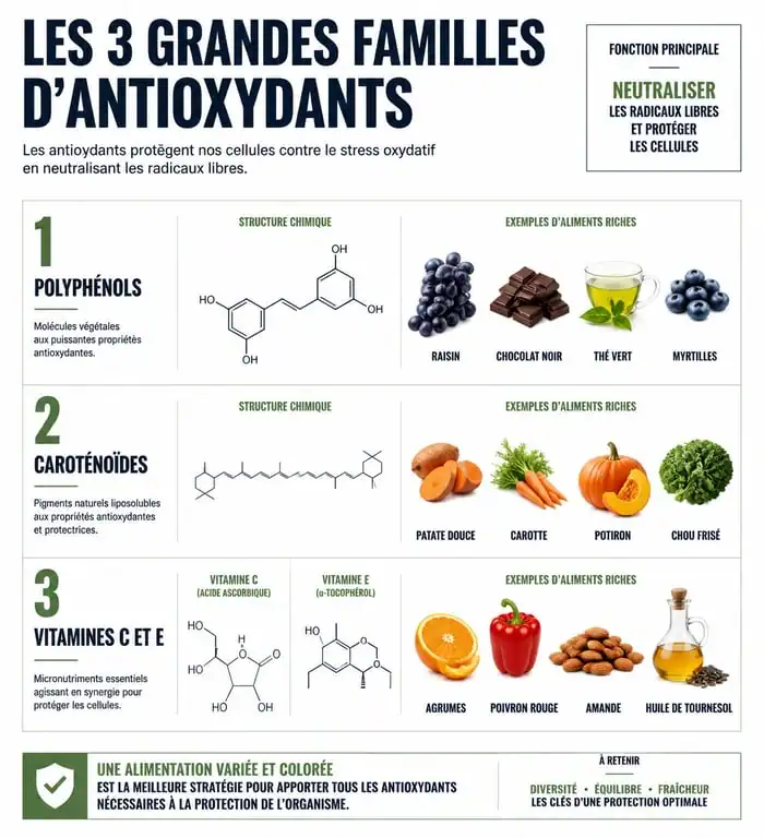 Infographie des familles d'aliments riches en antioxydants pour la santé