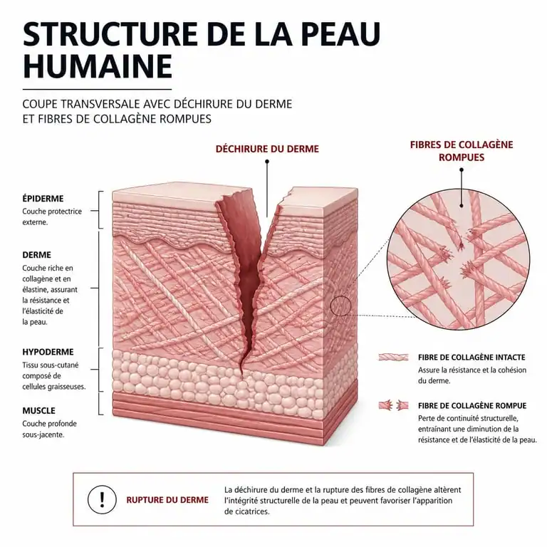 Schéma explicatif du mécanisme de formation des vergetures dans le derme