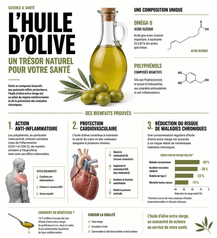 Infographie sur les bienfaits de l'huile d'olive pour la santé et le système cardiovasculaire