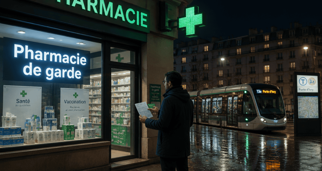 pharmacie de garde du 13eme vitrine éclairée nuit