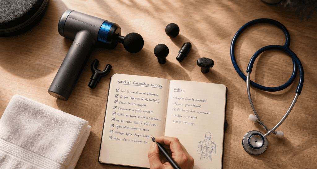 pistolet massage avis kiné sur table avec accessoires