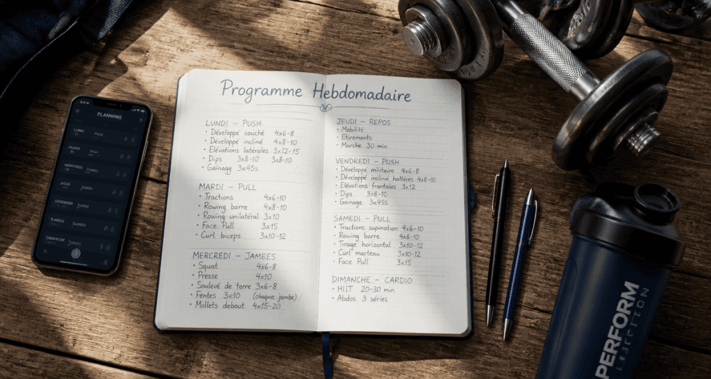 programme musculation pour une semaine carnet planning haltères
