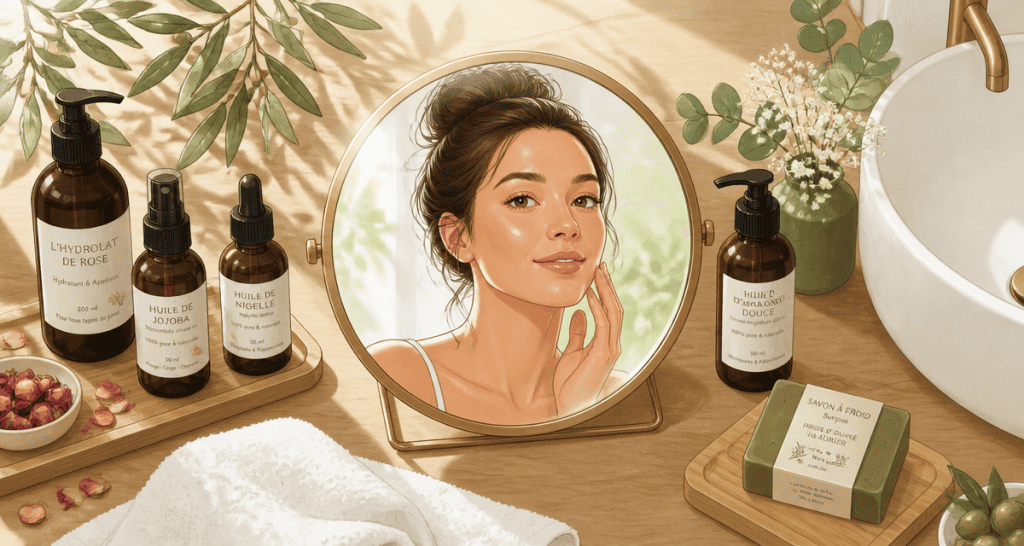 Soin au naturel flacons huiles végétales salle de bain