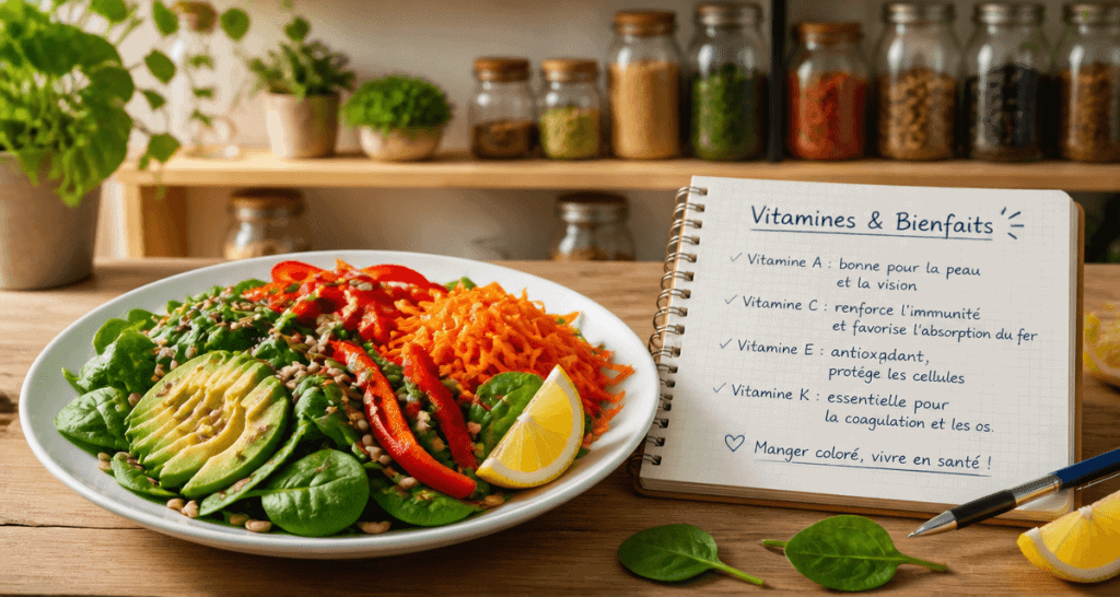 tableau des vitamines et leurs fonctions sur table avec salade