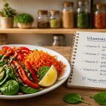 tableau des vitamines et leurs fonctions sur table avec salade