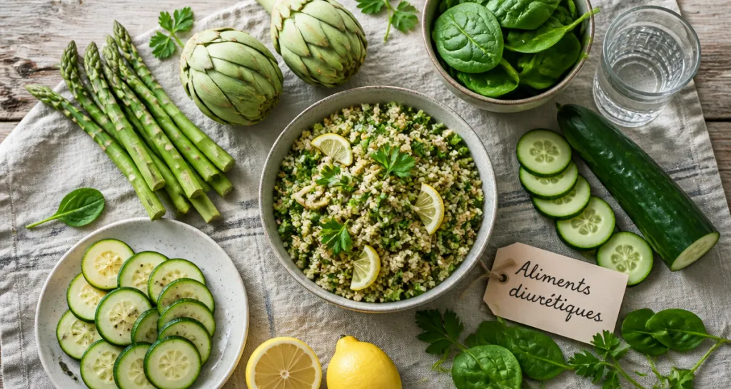 assortiment aliments diurétiques frais sur table
