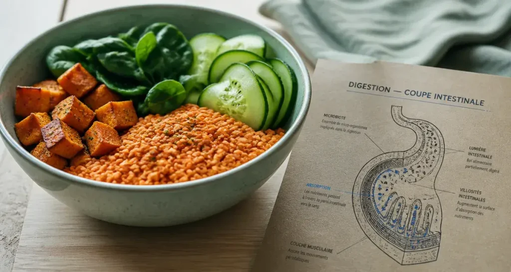 Aliments riches en fibres pour maigrir : bol de lentilles et légumes, macro